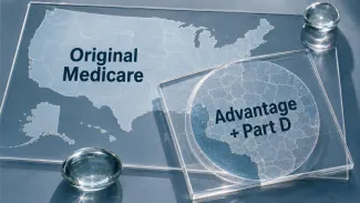 Transparent map layers distinguish Original Medicare, which works nationally, from Medicare Advantage and Part D coverage that must be rechecked after a move.