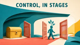 A protected inheritance chest and successive open gates illustrate a minor gaining control in stages.