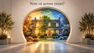 A house appears across changing seasons inside a circular opening beneath the words “Now or across years?”