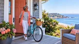 A woman stands beside a turquoise bicycle outside her coastal home.