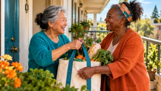 Two older women share a tote of groceries at a front door.