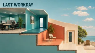 An architectural cutaway moves from a teal office through staggered levels toward a bright coastal horizon beneath the words LAST WORKDAY.