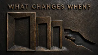 Embossed bronze relief shows shrinking doorways and a hand reaching toward the final opening beneath the words “What Changes When?”