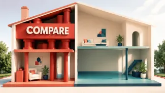 An architectural cutaway contrasts a red debt burden with open teal liquidity beneath the word Compare.