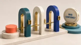 A brass line passes through workplace gates toward the person who confirms each fact.