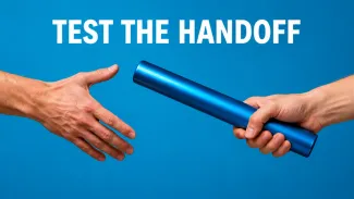 One person passes a blue baton into another person’s waiting hand, representing a practical test of household continuity.