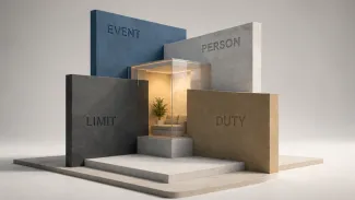 Four architectural panels labeled event, person, limit, and duty surround a protected interior space.