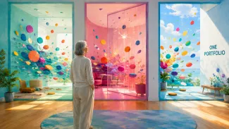 A woman considers three colorful adjoining rooms representing different account environments within one coordinated portfolio.