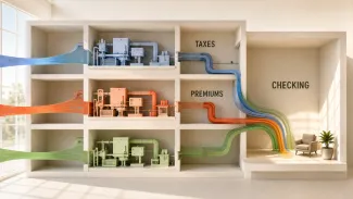 Three retirement-income streams pass through taxes and premiums before converging in a checking account.