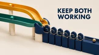 Ochre and teal income channels overlap before feeding one steady navy payment system under the words “Keep Both Working.”