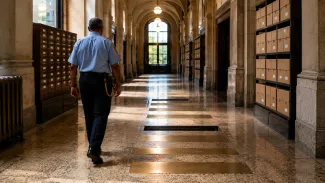 A late-career employee walks through an archive corridor beside brass service markers interrupted by one missing segment.