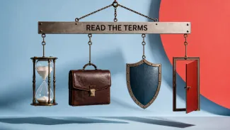 A suspended balance holds an hourglass, portfolio case, shield, and open door beneath the words “Read the Terms.”