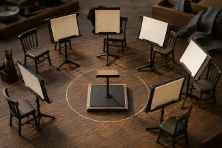 A circle of miniature presentation easels surrounding a central stand, illustrating that a retirement date should be reviewed alongside Social Security, healthcare, taxes, and portfolio withdrawals rather than as a single decision.