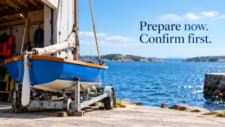 A blue sailboat waits ashore on its launching cradle beside the words “Prepare now. Confirm first.”