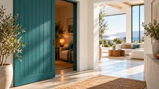 A teal sliding door partly shields a private room beside an open, sunlit shared space.