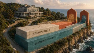 A coastal home overlooks layered reserves labeled “Known Bills” and “Separate Reserve,” leading toward seasonal payment gates.