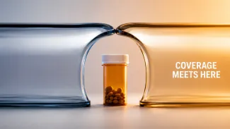 Blue and amber protective structures meet around a prescription bottle beneath the words “Coverage Meets Here.”