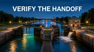 A canal-lock system redirects separate water channels beneath the words “Verify the Handoff.”