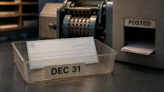 A charitable check waits in a tray labeled DEC 31 beside a separate processing slot labeled POSTED.
