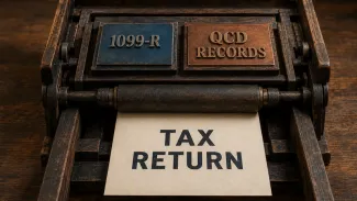 An antique letterpress combines plates labeled 1099-R and QCD Records to print a sheet labeled Tax Return.