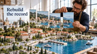 A model-maker aligns photographs above a detailed coastal town model beneath the words “Rebuild the record.”
