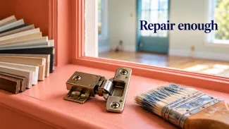 A cabinet hinge, paintbrush, and trim samples sit on a coral windowsill beneath the words “Repair enough.”