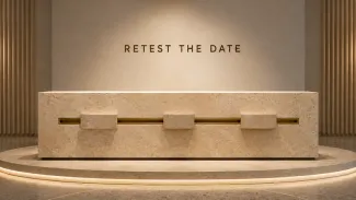 Three movable stone markers rest along a brass timeline beneath the words “Retest the Date.”