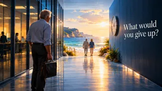 A man with a briefcase watches a couple walking toward the beach beneath the words “What would you give up?”