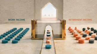 Employment and retirement income markers pass through a verification gate toward a home-shaped opening.