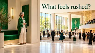 An older woman pauses in a quiet alcove beside a busy lobby beneath the words “What feels rushed?”