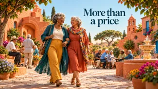 Two older women walk arm in arm through a lively plaza beneath the words “More than a price.”