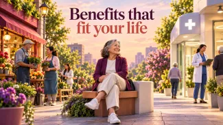 An older woman sits between a flower shop and a clinic beneath the words “Benefits that fit your life.”
