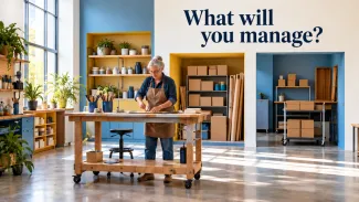 An older woman works in a workshop surrounded by supplies and shipping boxes beneath the words “What will you manage?”
