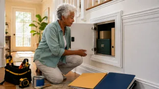 A retired homeowner opens a built-in home-equity reserve while maintenance tools and property folders remain visible.