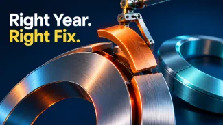 A precision support repositions an orange segment of a silver metal form beside the words “Right Year. Right Fix.”