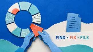 Paper-cut hands replace a missing segment in a circular path beside a document labeled Find, Fix, File.