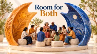 Amber and blue ceramic wings surround an intergenerational gathering beneath the words “Room for Both.”