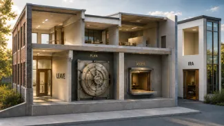 An architectural cutaway connects leaving work with an employer-plan vault and access window, while an IRA stands separately.