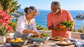 An older couple prepares a colorful salad together on a sunny coastal terrace.