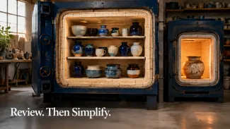 Compatible glazed vessels share one kiln while a distinct vessel remains in a separate specialized chamber.