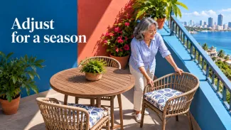 A woman repositions a chair on her sunny balcony beside the words “Adjust for a season.”