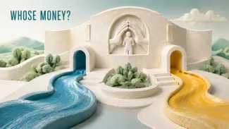 Blue and gold streams enter separate doorways of a protective structure beneath the words “Whose Money?”