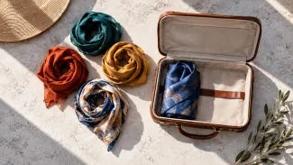 An overhead view of a blue scarf selected for an open travel case, with four alternative scarves arranged beside it.