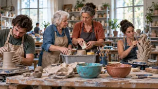 A grandmother and her adult daughter consider pottery supplies while two adult grandchildren work on separate projects.