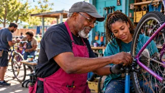 An older man and a younger woman work together on a bicycle at a community repair workshop.