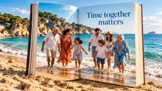 A multigenerational family walks through a beach scene inside an open book beneath the words “Time together matters.”