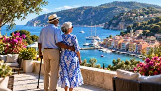 An older couple, one using a cane, looks over a sunny coastal harbor from a terrace.
