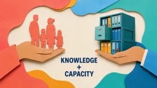 Cut-paper hands balance a family silhouette with an organized records structure, representing personal knowledge and trustee capacity.