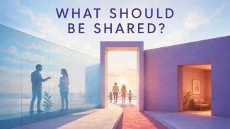 A family walks through a bright central doorway while two people confer behind a translucent wall and a private room remains protected.