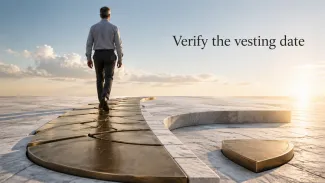 A retiring professional walks along a bronze path while one unvested section remains behind.